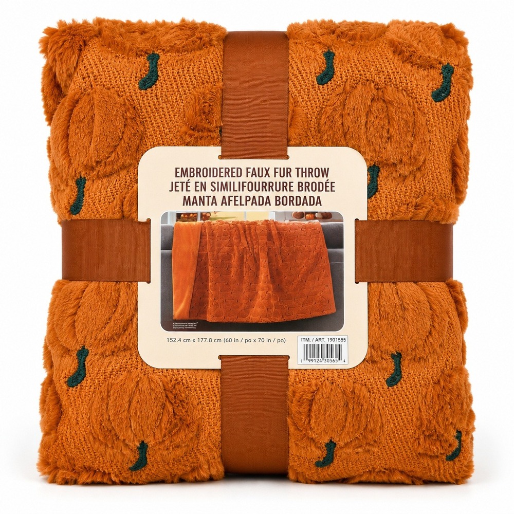 Halloween Embroidered Pumpkin Faux Fur Throw 60x70 Orange Fall Decor Viral NEW
